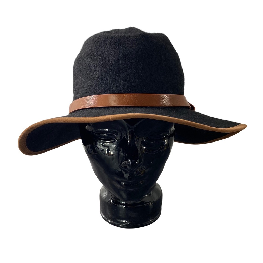 Anthropologie Black Wool Blend Floppy Brim Hat with Tan Leather Buckle Band